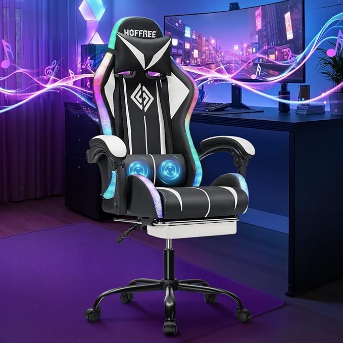 HOFFREE RGB Gaming Chair with Speakers Massage Computer Gaming Chair with LED Lights and Footrest High Back Video Game Chair for Adults White and Black
