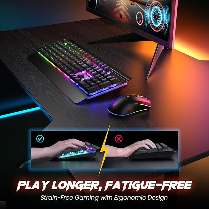 RisoPhy Wireless Gaming Keyboard and Mouse Combo Metal Panel 7 Color Backlits Rechargeable 3200 mAh Battery Wrist Rest Sleep Mode Light Up Keyboard + 7D 3200DPI Gaming Mice for PC Gamer