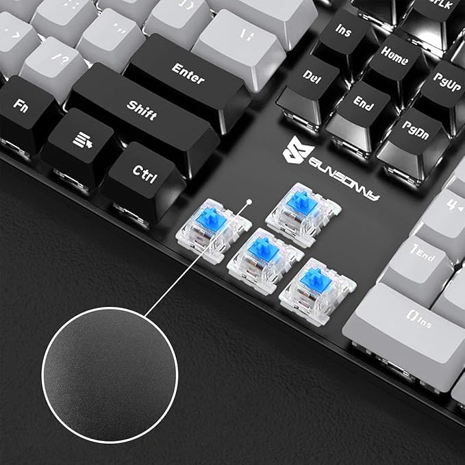 104 Keys Wired Mechanical Gaming Keyboard | White LED Backlit US Layout | Hot Swappable Blue Switch Full Size Mechanical Keyboard | Black &amp Grey Keycaps Light Up PC Gaming Computer Keyboards