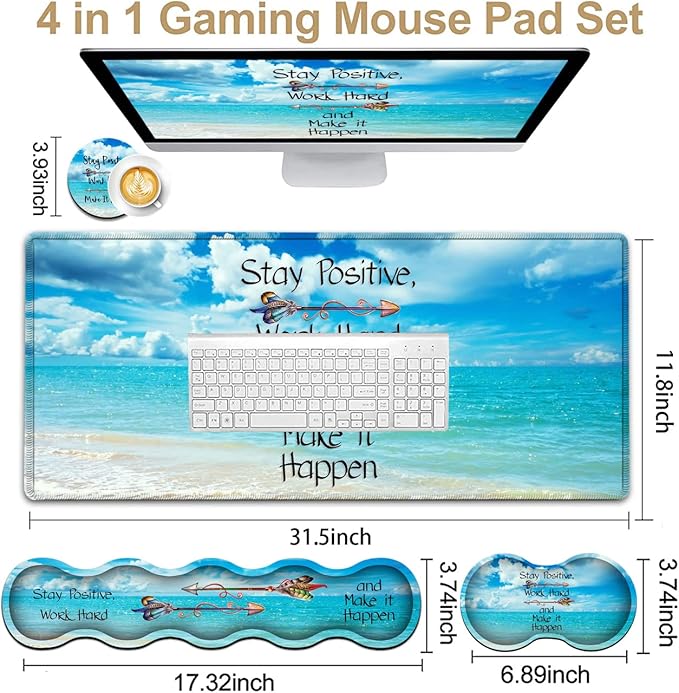 Ergonomic Keyboard Wrist Rest + Large Mouse Pad + Mouse Wrist Support Set Memory Foam Mouse Wrist Non-Slip Rubber Base for Easy Typing Extended Gaming Mousepads XXL Blue Sky Sea Desk Mat Decoration