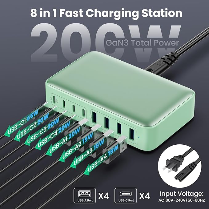 USB C Charger 200W USB C Charger Block GaN III 8-Port Fast Charging Station PD 65W Laptop Charger Adapter Compatible with MacBook Pro/AirDELLHP SurfaceiPhone 15/14/13Galaxy S23/22 (G)