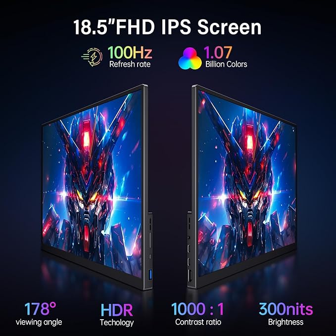 Portable Monitor 18.5 inch 100Hz FHD USB-C HDMI Travel Monitor w/Built-in Kickstand VESA &amp Speakers Eye Care HDR Portable Gaming Monitors