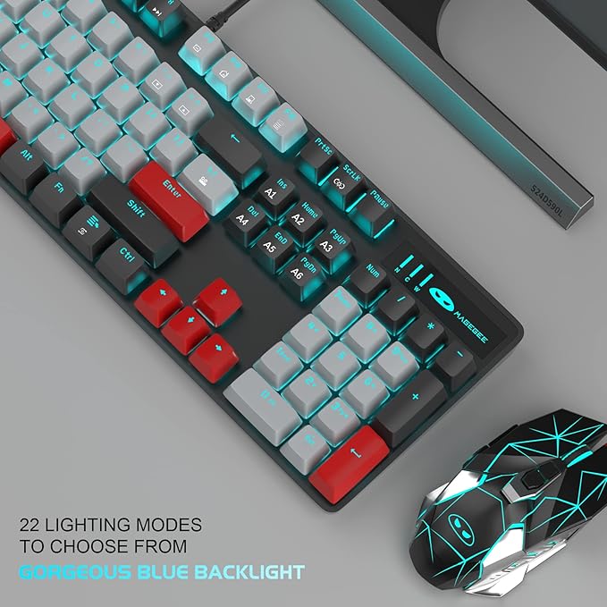 MageGee Mechanical Gaming Keyboard New Upgraded 104 Keys Blue Backlit Keyboards with Blue Switches USB Wired Mechanical Computer Keyboard for Laptop Desktop PC Gamers(Black &amp Gray)