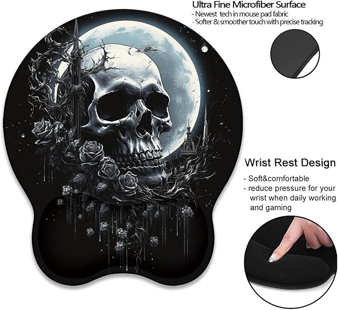 Mouse Wrist Rest and Keyboard Wrist Rest Pad+ Coaster Set Non-Slip Rubber Base Smooth Surface Ergonomic Gaming Mouse Pad for Easy Typing and Pain Relief Skull Rose Under The Moon