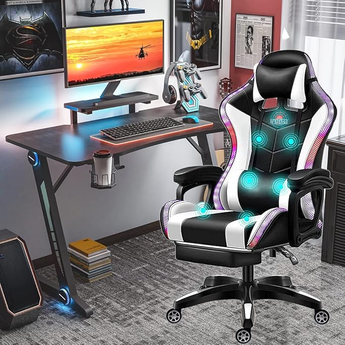 Gaming Chair with LED Light/Pro Gaming Chair with Bluetooth Speakers Full Massage Lumbar Support and Backrest Adjustable Ergonomic Computer Gaming Chairs with Retractible FootrestWhite