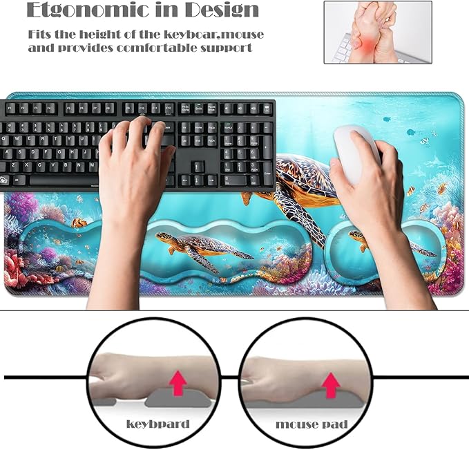 Ergonomic Keyboard Wrist Rest &amp Mouse Pad Wrist Rest SetXL Gaming Desk Mat 31.5x 11.8Non-Slip BaseMemory FoamEasy Typing Pain Relief for Office &amp HomeSea Turtle with Tropical Fish