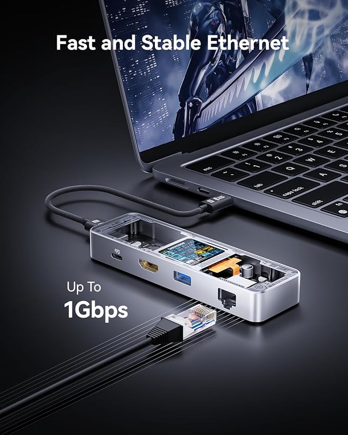 DOCKCASE Explorer Edition Visual Smart USB C Hub (6-in-1) with HDMI Port 4K@60HzGigabit EthernetUSB-C and 2 USB-A 5Gbps Data Ports 100w PD Power Delivery for MacBook Air/Pro XPS and More