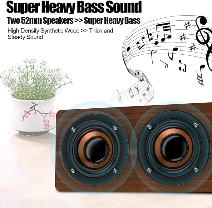 Mini Speaker7 inch Wood Bluetooth Speaker with FM Radio HiFi Music Clock Alarm Retro Subwoofer Speaker with 6-8 Hours Playback Support Bluetooth/TF/AUX