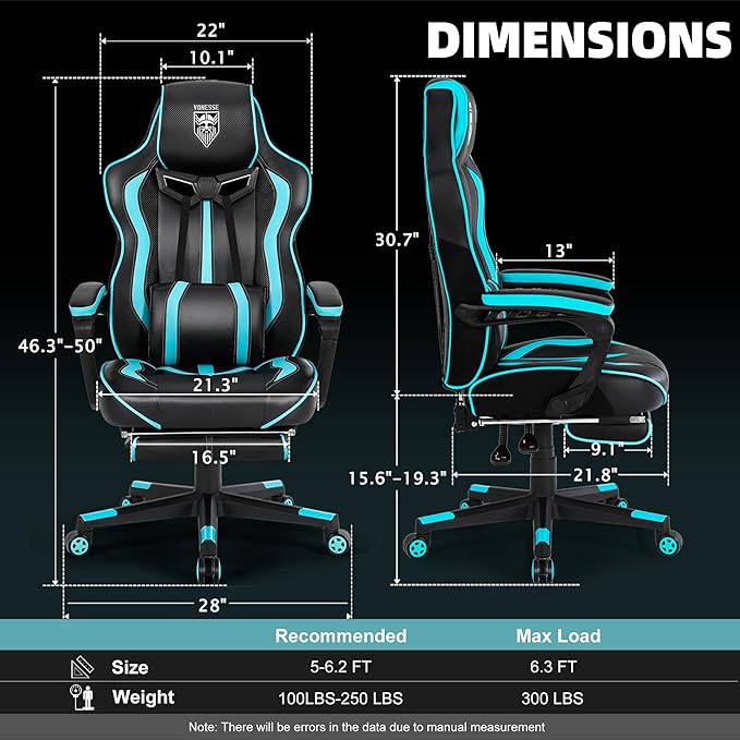 Vonesse Gaming Chairs for Adults Gaming Chairs with Footrest and Massage Reclining Computer Chair for Heavy PeopleBig and Tall Ergonomic Gamer Chair with Lumbar Pillow(Teal/Cyan)
