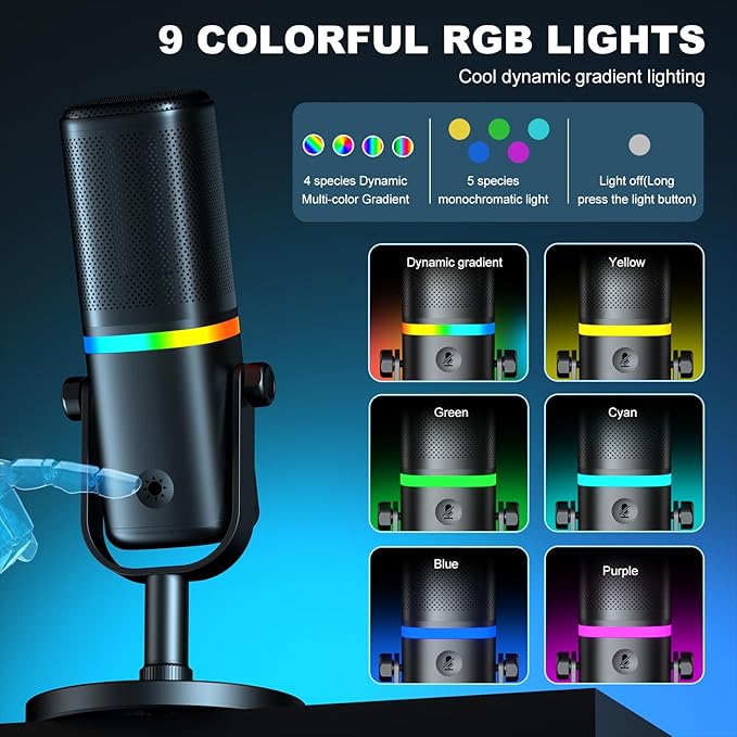 Aokeo Microphone for PC AK-10 USB/XLR Dynamic Desktop Microphone for GamingPodcastStreaming with RGB LightVolume ControlMute ButtonNoise Reduction
