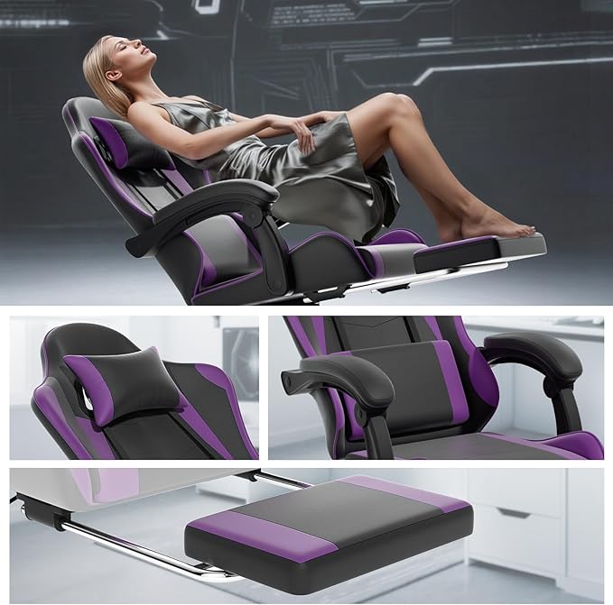 Athena Collection Gaming Chair Ergonomic Gaming Chair with Footrest &amp Headrest Lumbar Support Height Adjustable Swivel Computer Chair Office Chair for Kids Adults(Purple)
