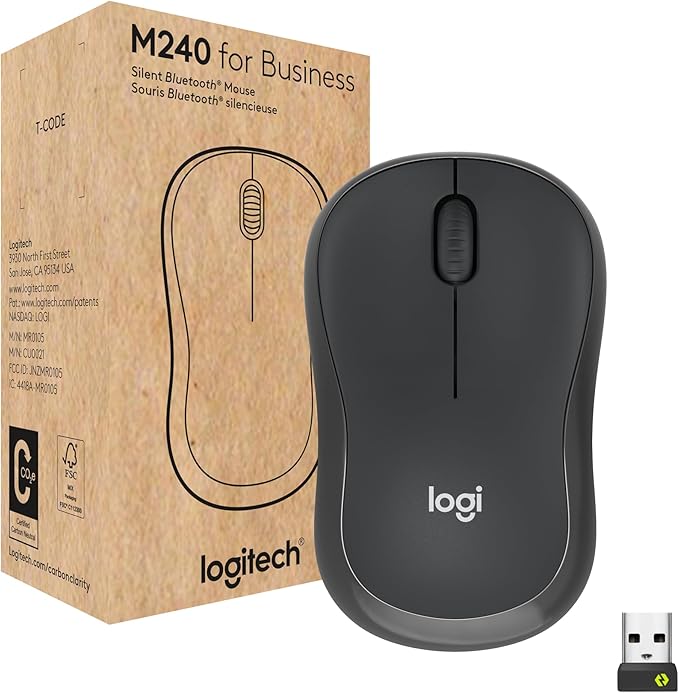 Logitech M240 for Business Silent Wireless Mouse Secure Logi Bolt USB Receiver Bluetooth Globally Certified for Windows Mac Chrome Linux iPadOS Android - Graphite