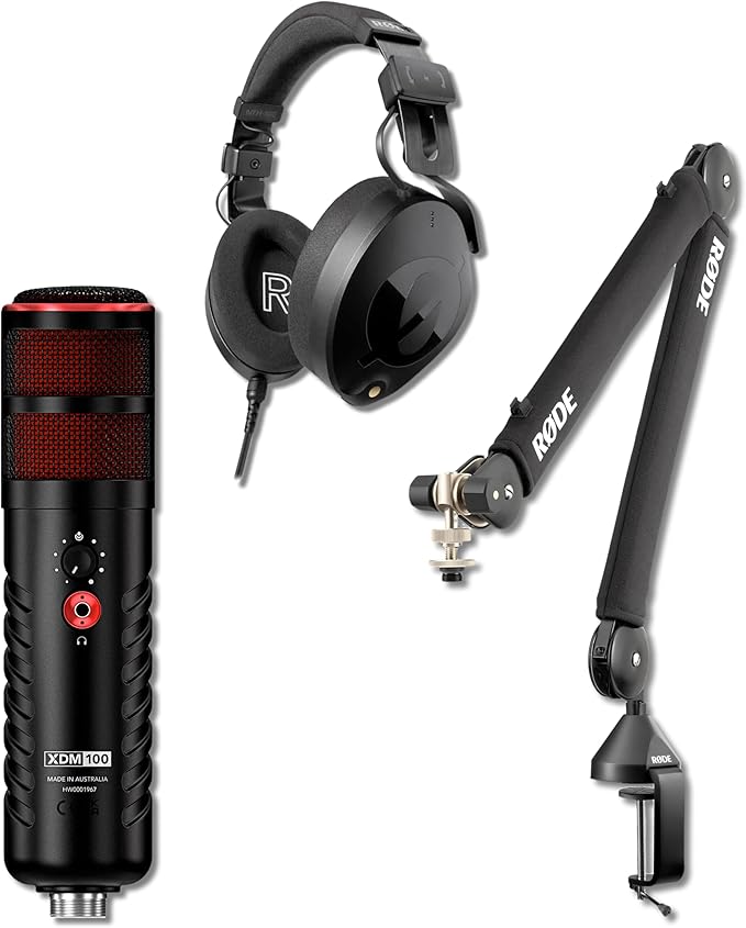 Rode XDM-100 USB Dynamic Microphone with PSA1+ Desk-Mounted Broadcast Microphone Boom Arm and NTH-100 Professional Over-Ear Headphones