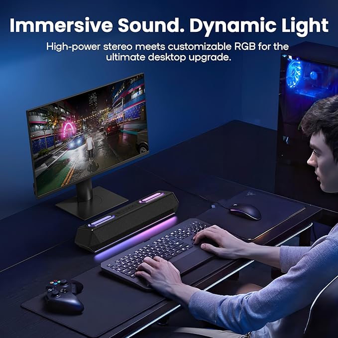 Deeyaple Computer Speakers 40W PC Speakers for Desktop Monitor with Bluetooth 5.3 &amp USB Audio HiFi Stereo Gaming Soundbar with Custom EQ Software Dynamic RGB Lighting for Laptop PS4 PS5 Blac