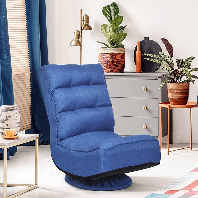 COSTWAY Folding Floor Chair Adjustable 5-Position Video Gaming Chair with 360 Degree Swivel Detachable Cover Padded Backrest Multipurpose Living Room Floor Lounger for TV Reading Playing (Navy)