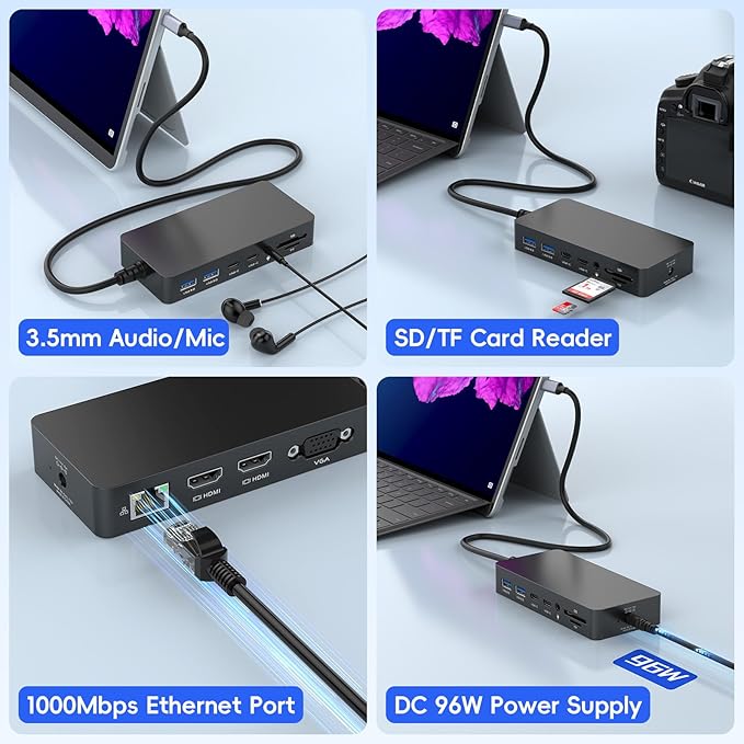 New Surface Thunderbolt 4 Dock Triple Displays 4K HDMI*2+VGA 12 in 1 Surface Pro Docking Station with Power Adapter for Surface Pro 11/10/9/8/X/7/6/5/4/3 Surface Laptop Surface Book Go