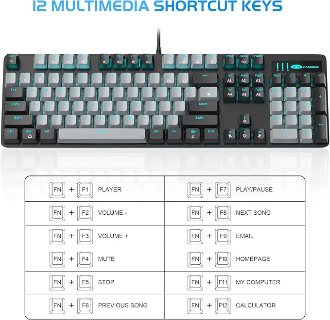 MageGee Mechanical Gaming Keyboard 104 Keys Blue Backlit Keyboards with Brown Switches &amp Double-Shot Keycaps USB Wired Mechanical Computer Keyboard for Laptop Desktop PC Gamers (Black &amp Gr