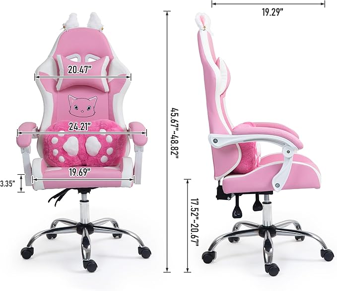 ALEAVIC Pink Gaming Chair with Cat Paw Lumbar Cushion and Cat Ears Reclining PC Game Computer Chairs Ergonomic Gamer Chair for Kids Girls Teens