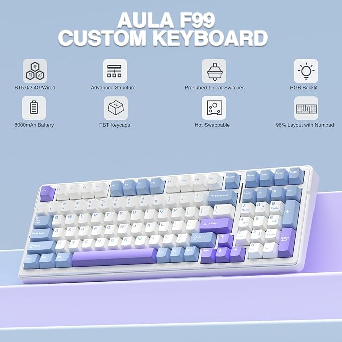 Aula F99 Wireless Mechanical KeyboardTri-Mode BT5.0/2.4GHz/USB-C Hot Swappable Custom KeyboardRGB Backlit Gaming Keyboard for PC/Tablet/Xbox/PS4/PS5 (Renewed)
