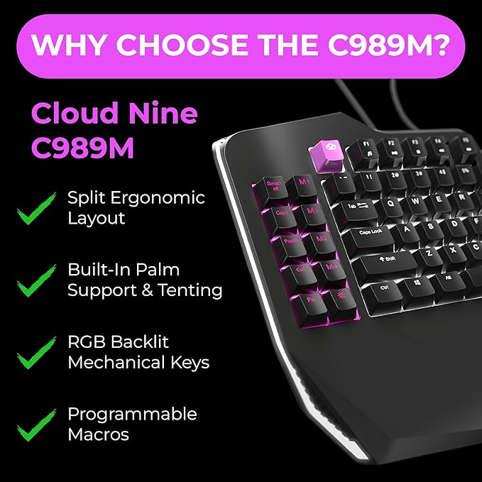 Cloud Nine C989 Ergonomic Mechanical Keyboard for PC - Kailh Linear Red Switches - RGB Light Up LED Backlit with USB - Ergo Split Key Board with Macro