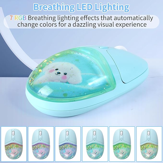 Wireless Mouse with Liquid Quicksand Sequins 2.4GHz &amp Bluetooth Dual Mode Rechargeable Silent Cute Aqua Mouse with LED Light Portable Water Mice for Laptop PC Tablet MacBook Kids Adults Gift (Gree