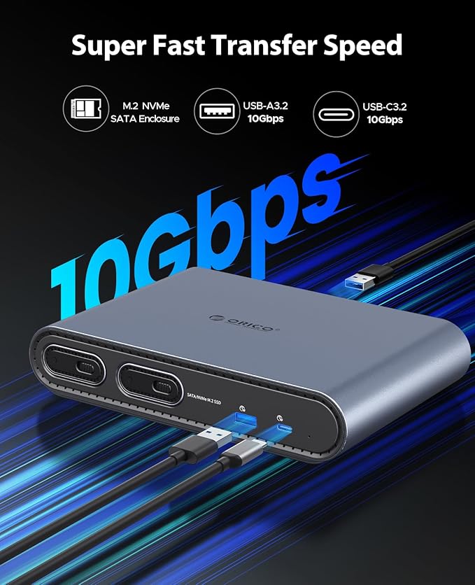 ORICO 10 in 1 USB-C Docking Station with Dual M.2 NVMe/SATA SSD Enclosure 10Gbps USB-C&ampUSB-A Dual HDMI 4K@60Hz 60W PD RJ45 Ethernet for MacBook Pro/Air (PTM2)