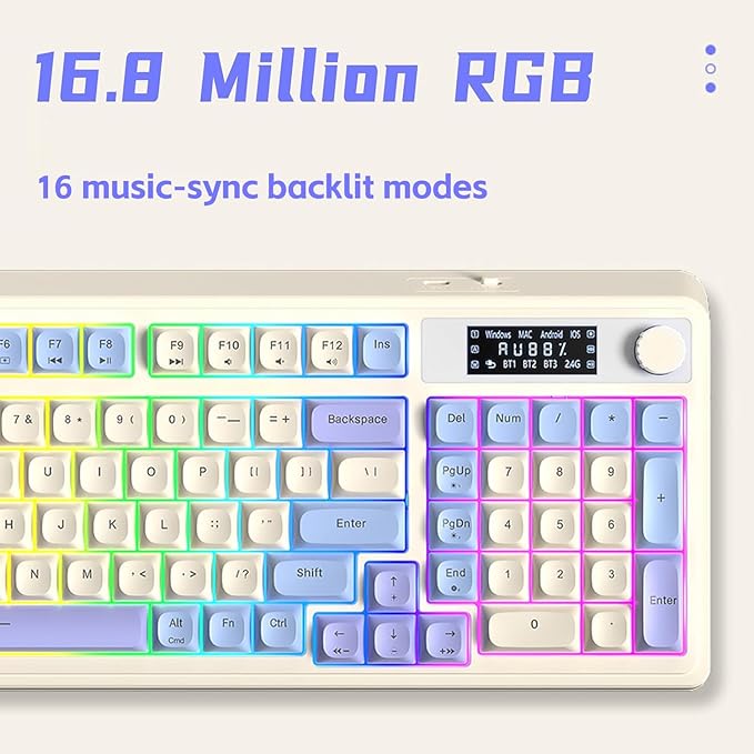 AULA S99 Pro Gaming Keyboard Cute Creamy Keyboard with Number Pad Smart Screen Tri-Mode Bluetooth/2.4G/USB-C Computer Keyboards Media Knob Custom RGB Backlit Feel for MAC Xbox PC Gamer - Purple
