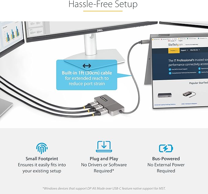 StarTech.com 3-Port USB-C Multi-Monitor Adapter USB Type-C to 3x HDMI MST Hub Triple 4K 60Hz HDMI Laptop Display Extender / Splitter HDR Extra-Long Built-In Cable Windows (MST14CD123HD)