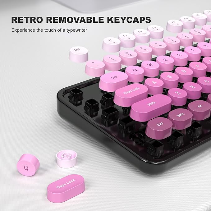Computer Keyboard Wired Plug and Play USB Retro Round Typewriter Keyboard Full Size Wired Keyboard with Foldable Stands for Laptop and Office PC- Black Pink Gradient