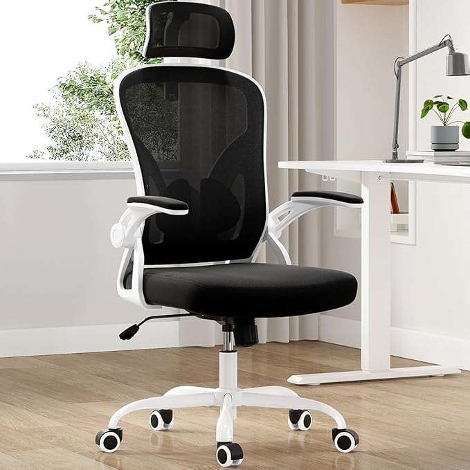 Ergonomic Office Chair with Adjustable Headrest and Flip-Up Armrests - High Back Mesh Computer Desk Chair with Lumbar Support for Home Office Gaming and Study (Black &amp White Model E)