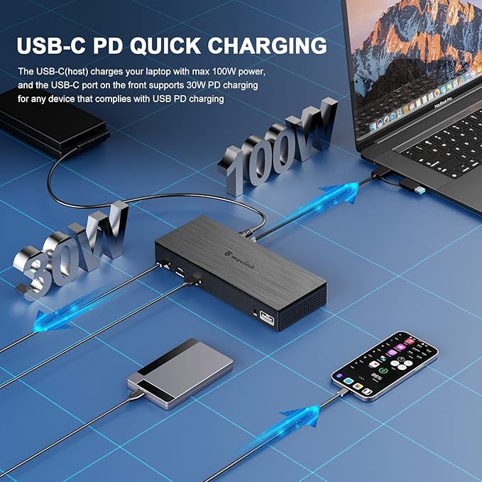 WAVLINK DisplayLink Laptop Docking Station - Quad Monitor 5K/4K@60Hz 100W Charging - Thunderbolt 4/3 USB-C/A - M1-M5 Mac/Windows/Chrome/Ubuntu - 4 HDMI 4 DP 180W Power SD 4.0 CR 2.5Gbps LAN