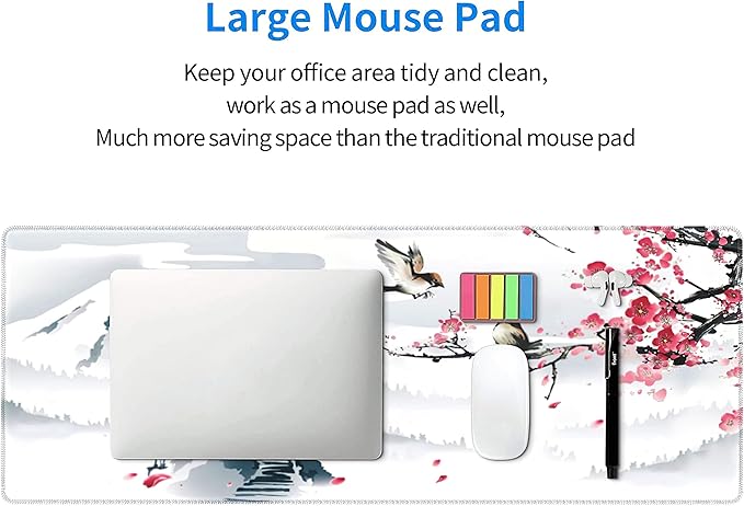 Japanese Pagoda Cherry Blossom Gaming Mouse Pad XL Birds Sakura Branch Mountain Extended Large Desk Cover Table Mat Non-Slip Rubber Base Stitched Edge Long Keyboard Playmat for Gamer31.5×11.8 in