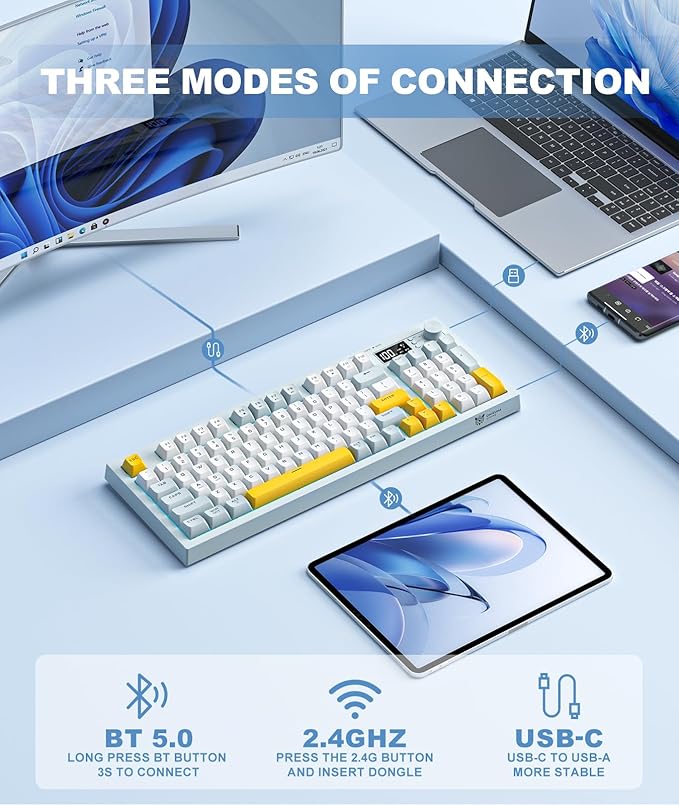 Wireless Keyboard Creamy Membrane with Rainbow Backlight3-Mode Connectivity (BT/2.4G/USB-C) with LCD Screen &amp Multifunction Knob200H Battery 94 Key PBT Keycaps Quiet Typing for Office/Home/Gam