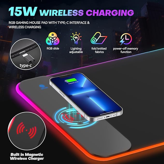 RGB Gaming Mouse Pad with 15W Wireless Charger 17 Lighting Modes LED Mouse Mat Extra Large 27.6x11.8 Extended Mouse Pad with Non-Slip Base Type-C Plug &amp Play for Keyboard Mouse and Phone