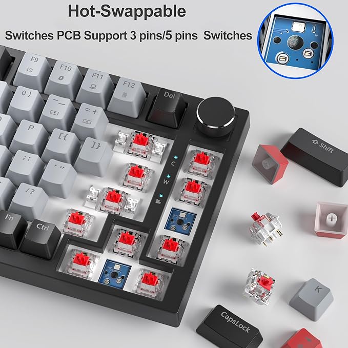 Fogruaden Wired 75% Mechanical Keyboard Hot Swappable Gasket Mount With Red Switch RGB Backlit 82 Keys TKL NKRO Compact Gaming With Knob (Dolch)