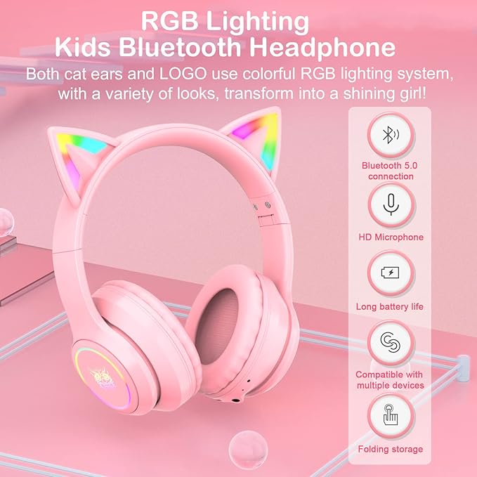 Pink Bluetooth Cat Ear Headphones for Kids &amp Adults Wireless &amp Wired Mode Foldable Headset with Mic - Clear Sound Quality - RGB LED Light for Girls School Gaming for Phone/Laptop/PC/Tablet
