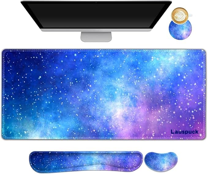 Desk Mat Gaming Mouse Pad Wrist Rest Support Combo XXL Large Mousepad + Keyboard Wrist Support +Mouse Wrist Rest+Coaster Set with Ergonomic Design 4in1 for Home Office Nebula Galaxy