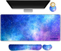 Desk Mat Gaming Mouse Pad Wrist Rest Support Combo XXL Large Mousepad + Keyboard Wrist Support +Mouse Wrist Rest+Coaster Set with Ergonomic Design 4in1 for Home Office Nebula Galaxy