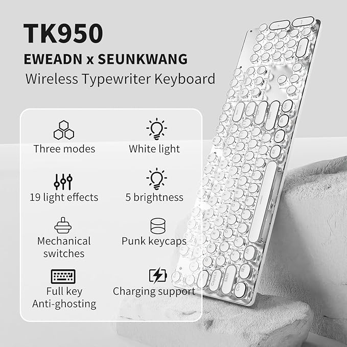 EWEADN TK950 Typewriter Keyboard Wireless Mechanical Keyboard 104 Keys Aesthetic Typewriter Keyboards with White Backlit Anti-Ghosting Blue Switch Bluetooth/2.4GHz/Wired Keyboards-White