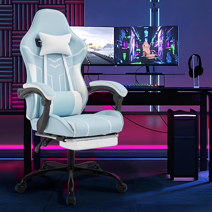 Ergonomic Gaming Chair with Footrest Blue Gaming Chair for Adults Girls Women Video Game Chairs with Wheels &amp Lumbar Support 300 LBS Capacity (Blue)