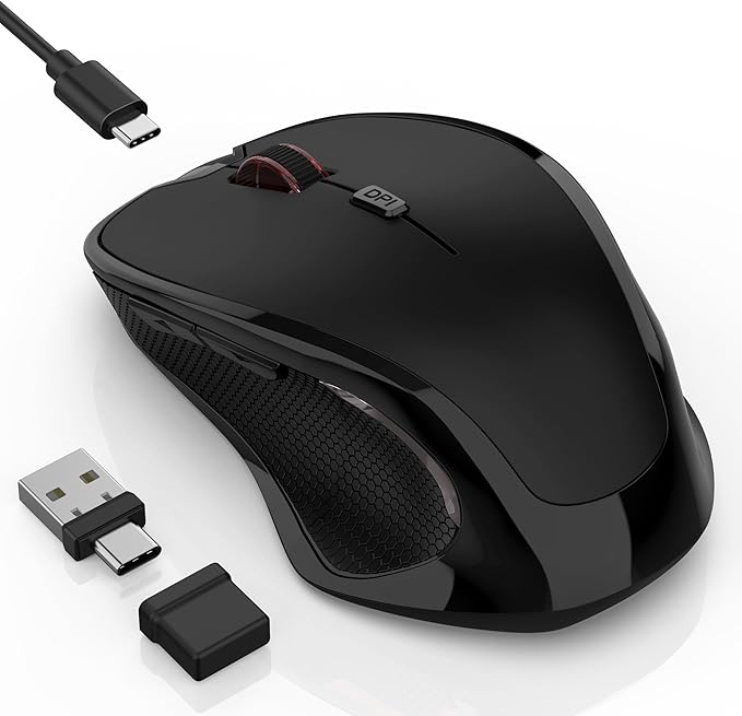 Wireless Bluetooth Mouse for Mac Pro MacBook Ergonomic Rechargeable Mice with Jiggler Mode 2-Mode Bluetooth 5.2/3.0 &amp 2.4G USB-A/USB-C Receiver Silent Optical Mouse for iPad PC Laptop Black