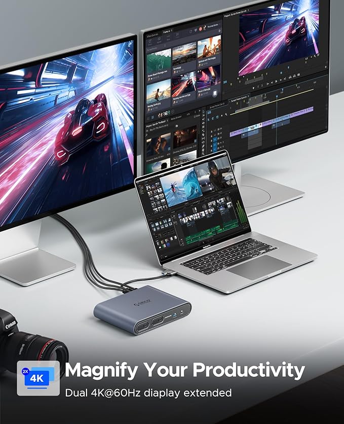 ORICO 10 in 1 USB-C Docking Station with Dual M.2 NVMe/SATA SSD Enclosure 10Gbps USB-C&ampUSB-A Dual HDMI 4K@60Hz 60W PD RJ45 Ethernet for MacBook Pro/Air (PTM2)