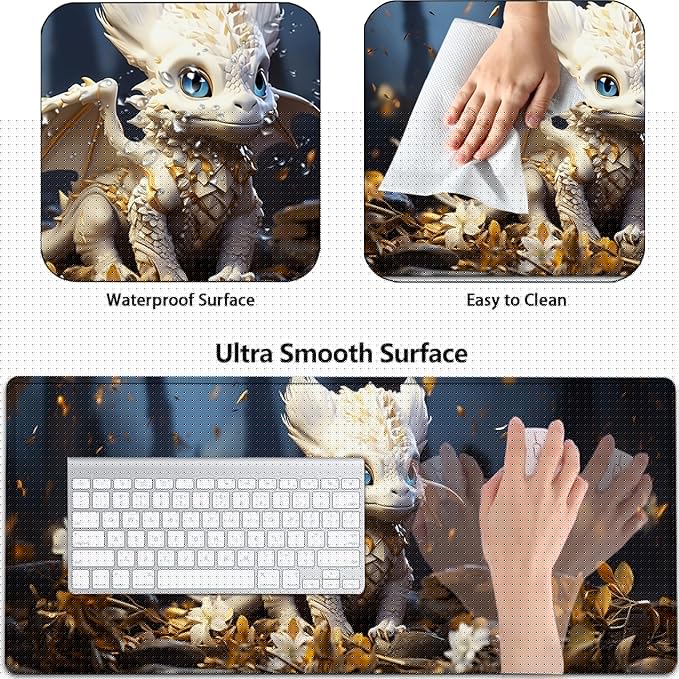 Large Mouse Pad with Mouse Wrist Rest 31.5x11.8 in Extended Mouse Mat with Non-Slip PU Base Ergonomic Memory Foam Wrist Rest for Work &amp Gaming Writing Pad Cute Little White Dragon Office Desk