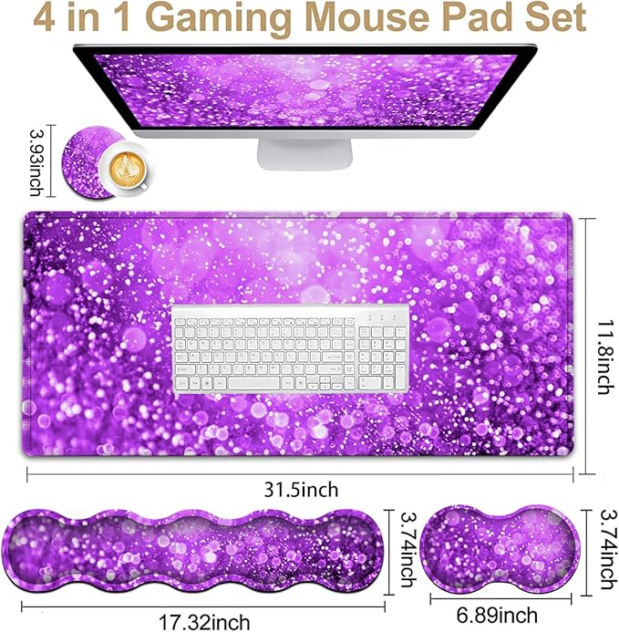Large Gaming Mouse Pad (31.5x11.8 in) Rubber Base XXL Mousepad with Stitched Edges Ergonomic Keyboard Wrist Rest Extended Mouse Mat Desk Pad for Work Game Office Purple Mousepad