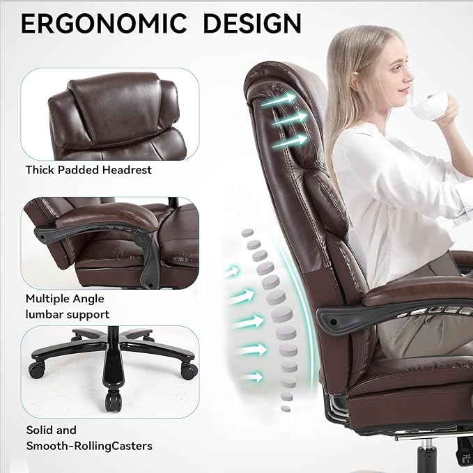Heavy Duty Executive Office Chair 550lbs Big and Tall Office Chair with Wide Seat Reclining Ergonomic Desk Chair with Footrest PU Leather Computer Chair for Home Office Brown
