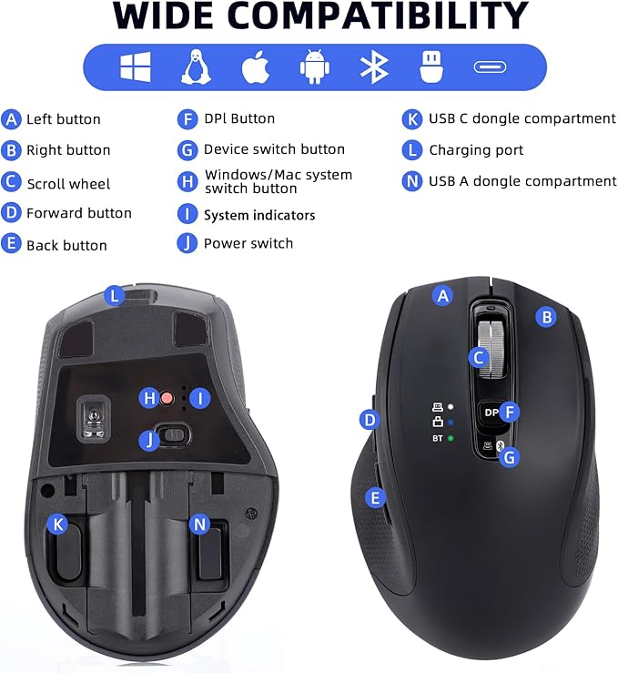 Wireless Mouse with Bluetooth USB-A USB-C Receiver Rechargeable Full-Size Mouse Silent Ergonomic for MacBook/Laptop/Computer/PC/iPad-Black