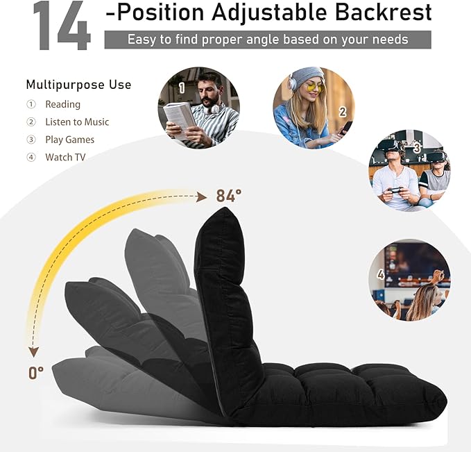MAT EXPERT 14-Position Floor Chair Floor Gaming Chair w/Resilience Sponge Alloy Steel Frame Padded Bed Couch Recliner Floor Chair with Back Support for Reading Meditating (Dark)