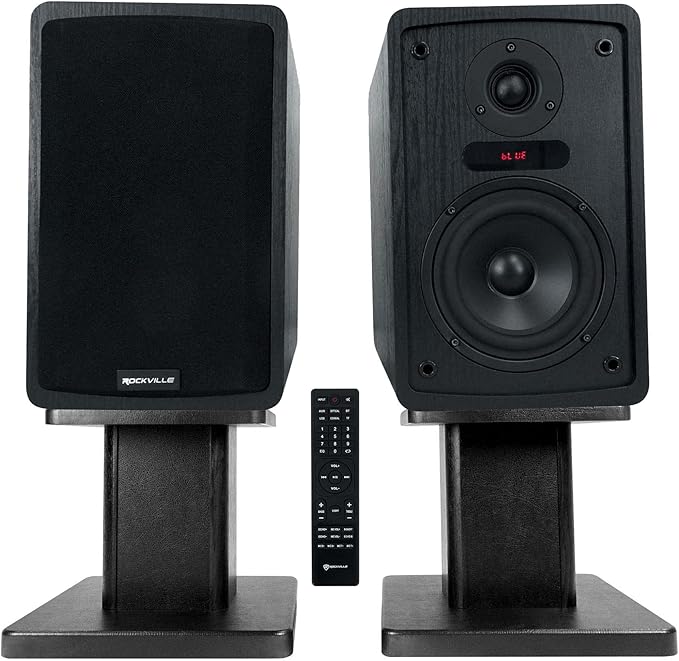 Rockville ELITE-5B 5.25 Powered Bookshelf Speakers 200W RMS / 800W Peak Bluetooth RHT8B 8 in Desktop/Studio Monitor Stands 2-Items