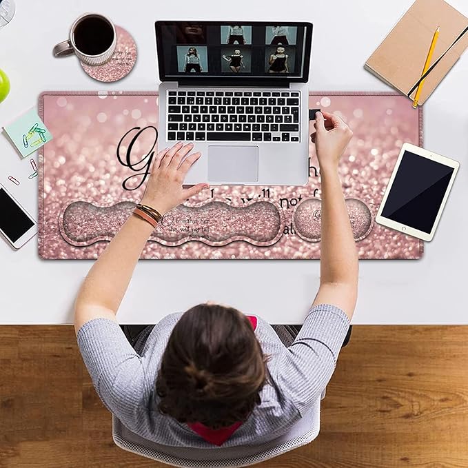 Large Gaming Mouse PadExtended Office Desk MatWaterproof Desk Writing Pad for Office/Home Ergonomic Mouse &ampKeyboard Wrist RestPsalm 46:5 Pattern Laptop Desk Pad Pink Mousepad Wrist Support