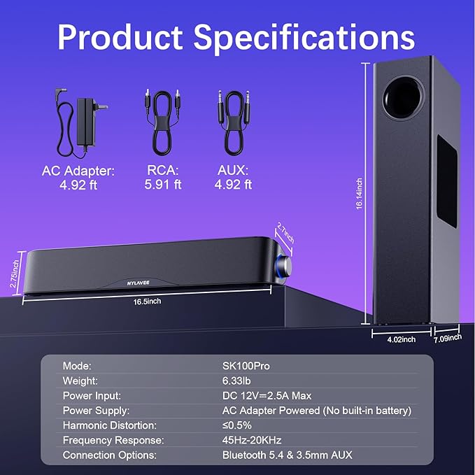Nylavee Computer Speakers with Subwoofer 2.1 PC Speakers System with Bluetooth 5.4 &amp 3.5mm Aux-in 60W Peak Power AC Adapter Powered Computer Sound Bar for Desktop PC Laptop Monitor Gaming